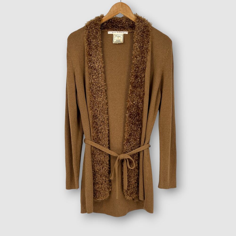 Y2k Max Studio Brown Knit Cardigan with Faux Fur Trim Belted Robe Sweater XL